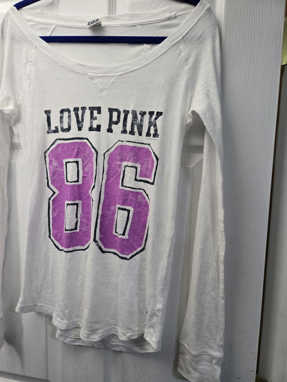 PINK Victoria's Secret White Long Sleeve T-Shirt With Purple 86